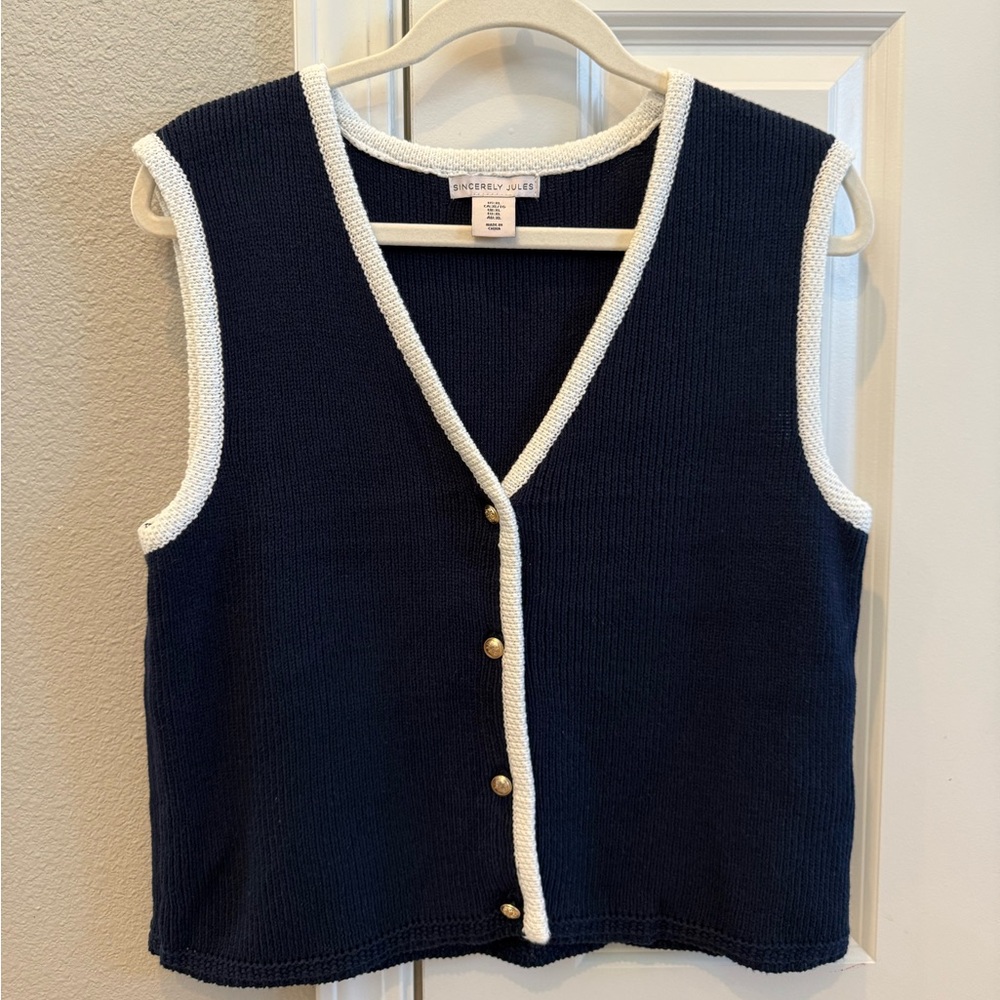 Navy V-Neck Sweater Vest with White Trim